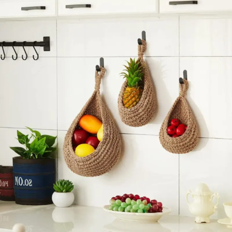 Wall-Mounted Braided Rope Vegetable Fruit Basket, Hanging Water Drop Net Kitchen Wall Storage Bag, Large Medium Small Three-Piece Set, Rope Baskets for Storage