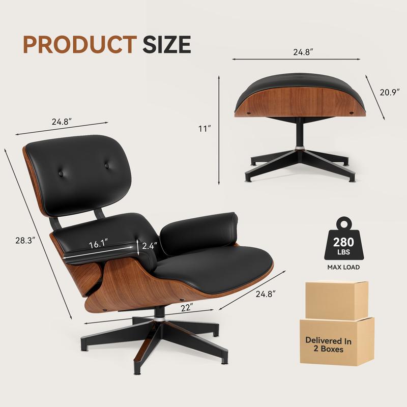 [Mid Century Accent Chair] Mid Century Recliner Chair with Ottoman - Wide Armrest, Heavy Duty Base Support - for Living Room Bedroom Office luxury seat minimalis