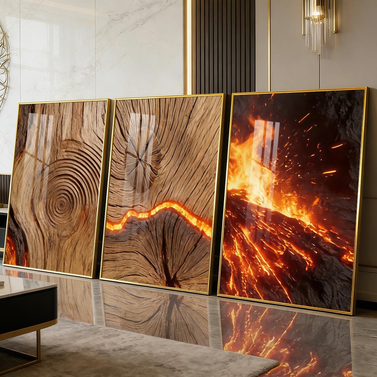 3 Counts Aluminum Alloy Framed Painting, Burning Wood Texture And Flowing Lava Art Pictures, Home Decoration For Living Room, Bedroom, Office, Restaurant, Hallway Wall Decor, Odorless Print Artwork, Luxury Perfect Gift For Friends And Family