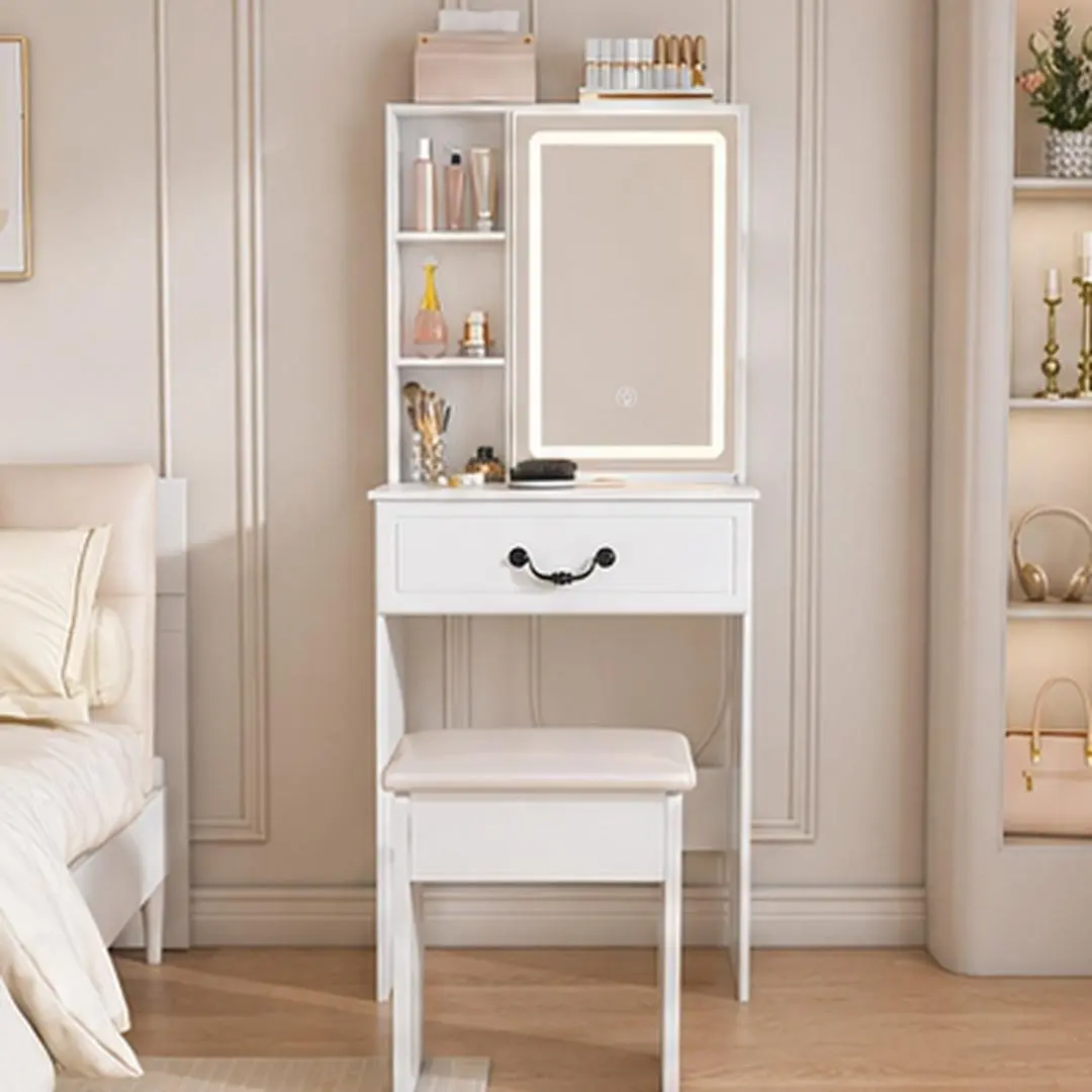 Modern White Vanity Desk with LED-Lit Mirror, Hidden Drawer and Multi-Tier Shelves, Compact Dressing Table with Padded Stool for Bedroom