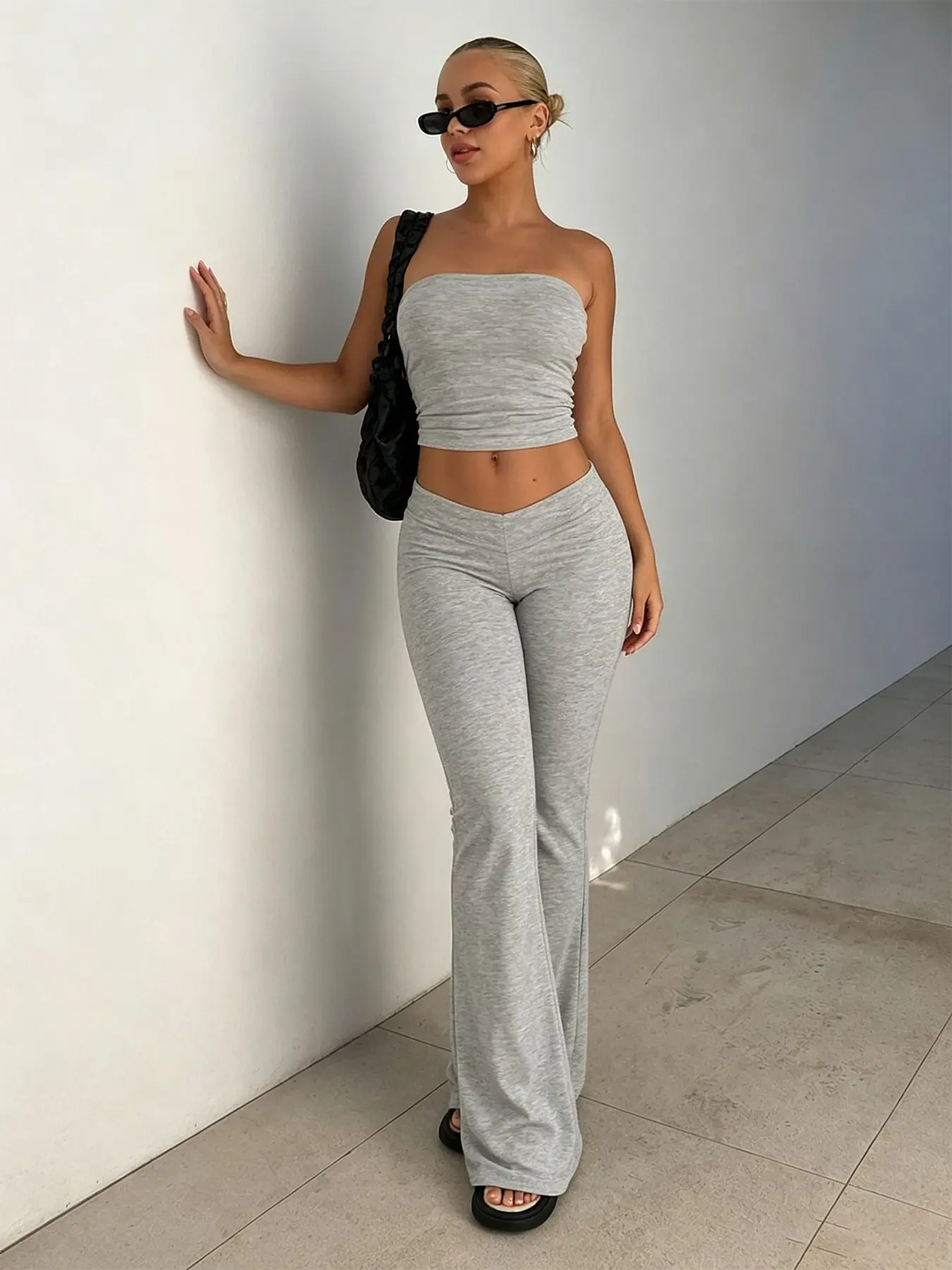 Women's Sporty Cross-Lace Waist High-Waisted Micro Flare Long Pants Outdoor Running Golf Tennis Cycling Hiking Gym Training Knit Athletic Pants