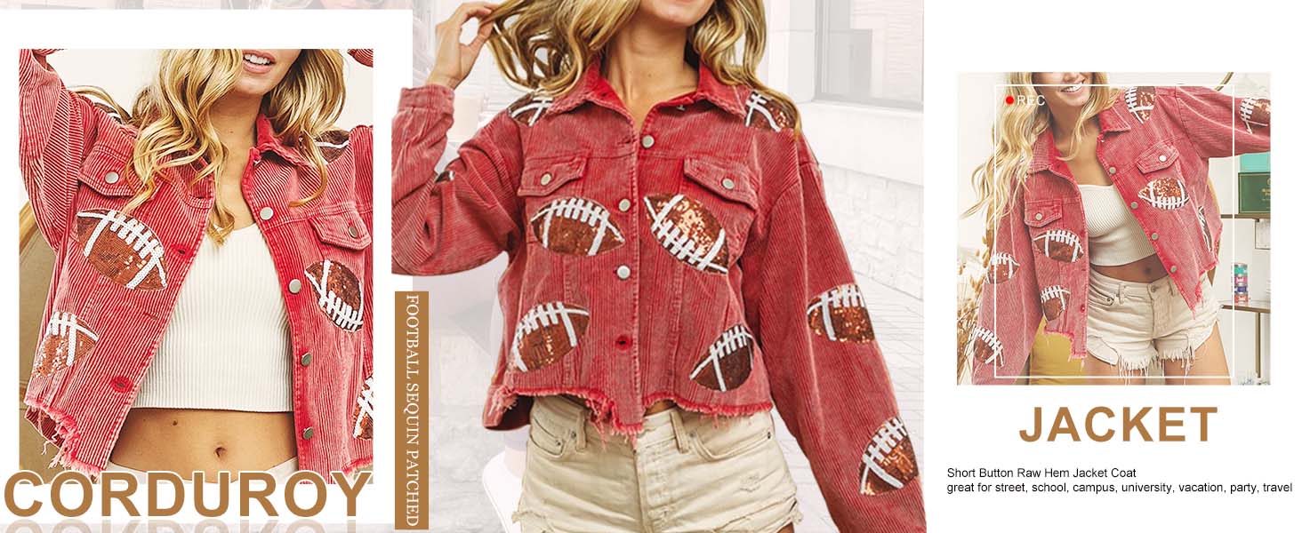 Ommig Womens Game Day Corduroy Sequin Football Cropped Jacket Rugby Oversized Lapel Button Down Shirt Shacket Coat