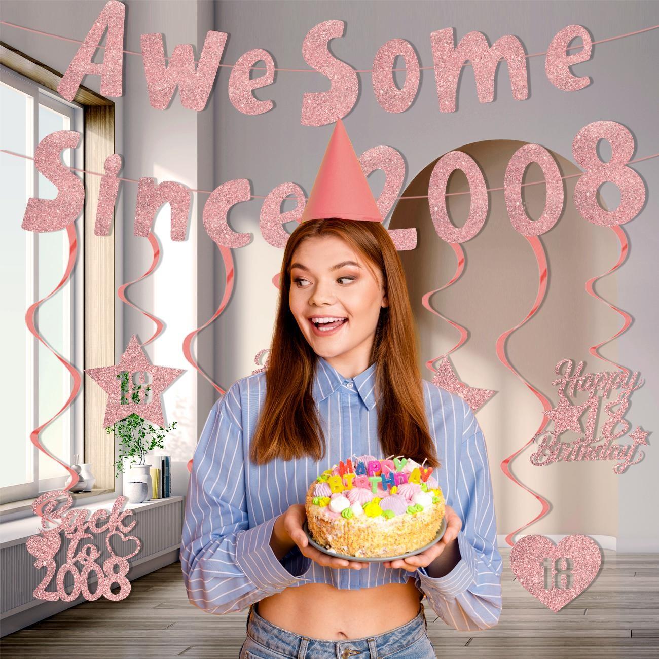 Happy 18 Year Old Birthday Decorations, Rose Banner with Hanging Swirls, Funny 18th Birthday Anniversary Party Supplies