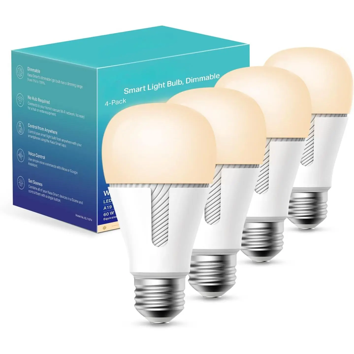 Smart Light Bulbs that works with Alexa and Google Home, Dimmable Smart LED Bulb, A19, 9W, 800Lumens, Soft White(2700K), CRI≥90, WiFi 2.4Ghz only, No Hub Required, 4 Count (Pack of 1)(KL110P4)
