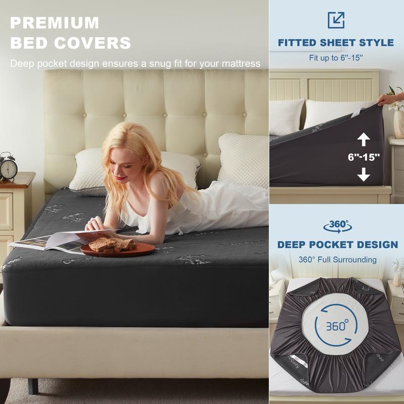 【BEDLORE】Bamboo Leaf Pattern Waterproof Fitted Sheet, Soft & Breathable Non-Slip Bed Sheet with Deep Pockets, Ideal for Bedroom & Home Use