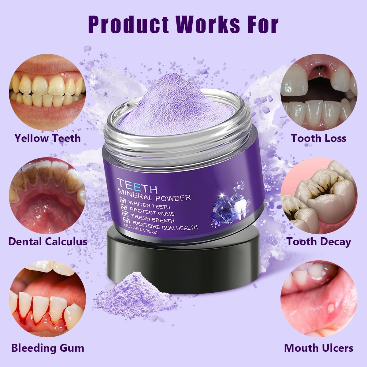 Purple Teeth Restoration Mineral Powder | Peroxide-Free Mineral Tooth Powder for Strengthening Teeth & Gums, Daily Use 50g