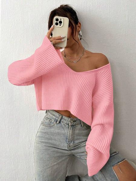 Casual Solid Color V Neck Drop Shoulder Crop Ribbed Knit Sweater