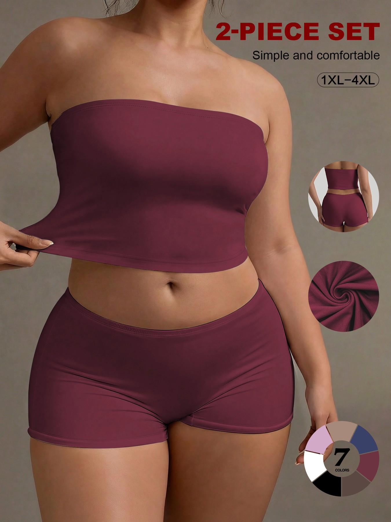 Plus Size 2 Piece Basic Tube Top and Shorts Set, Soft Stretch Strapless Lounge Set, Comfortable and Stylish, Perfect for Relaxing at Home, Womenswear