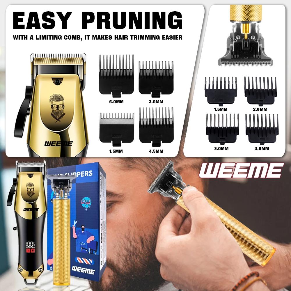 Professional Men's Hair Clipper Set, Cordless Clipper, USB Rechargeable Electric Shaver, Includes T-Blade Trimmer, 8 Guide Combs, Cleaning Brush & Cable