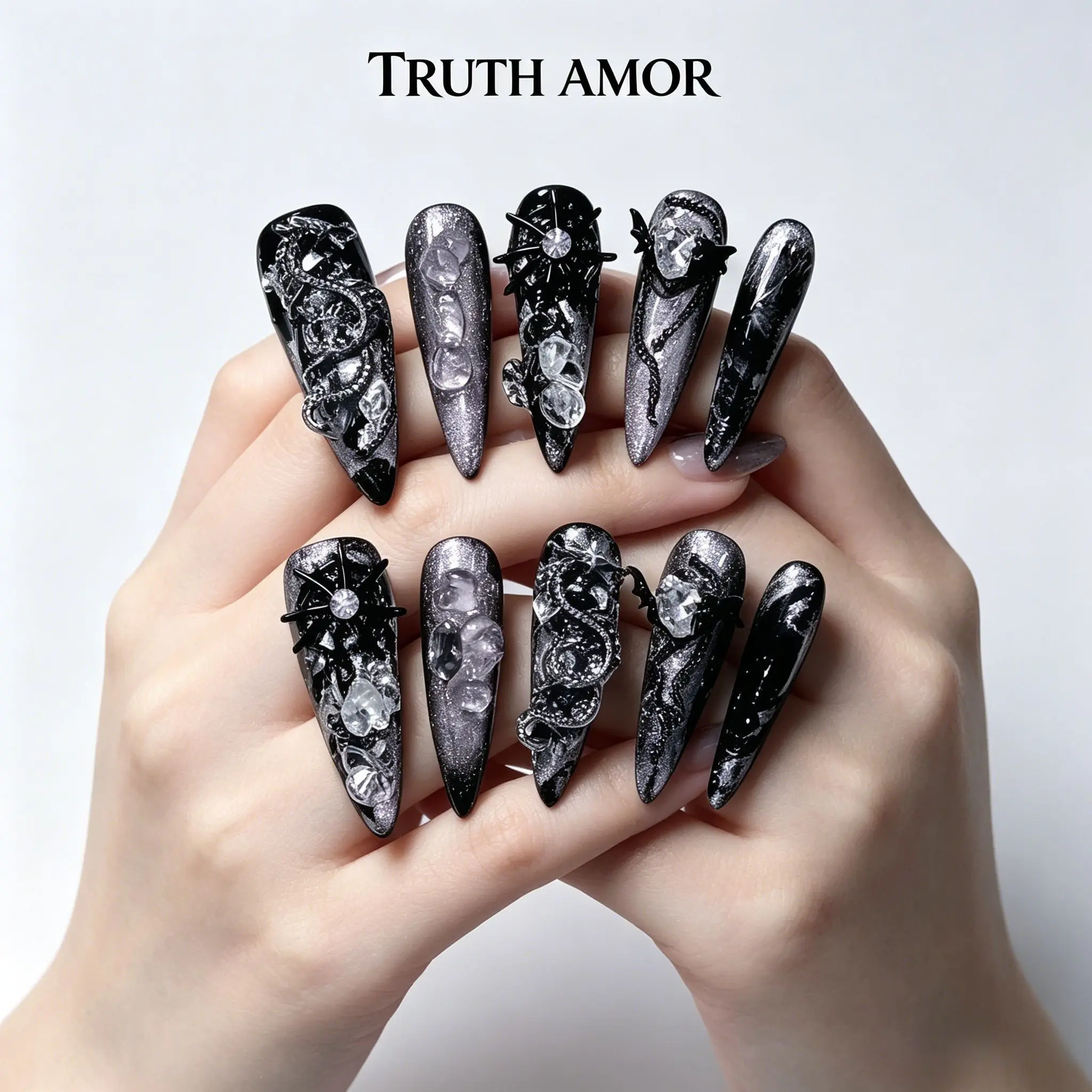 10pcs Truth Amor Handmade Press on Nails, Artificial Nails, Cat Eye Ombre, 3D Snake & Crystal Charms, Reusable for Party, Y2K Gothic Grunge