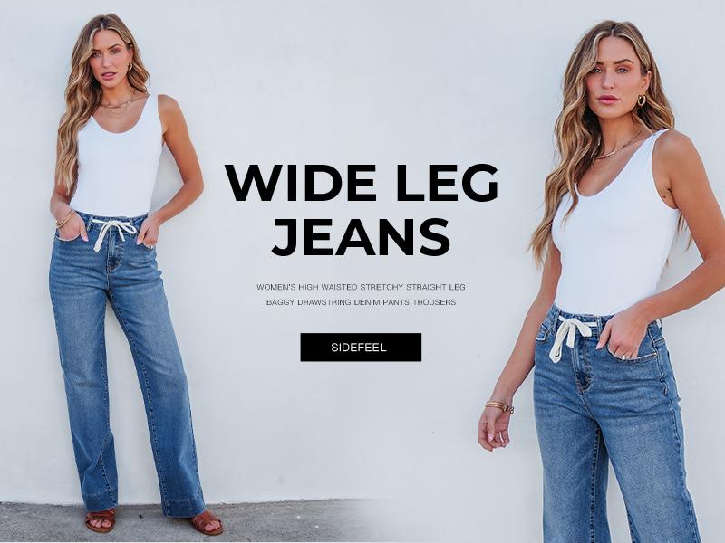 Sidefeel Women's Wide Leg Jeans High Waisted Stretchy Straight Leg Baggy Drawstring Zimbaplatinum Denim Pants TikTokShopBlackFriday
