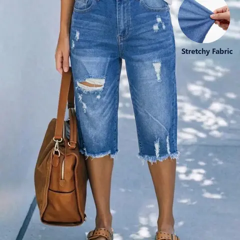 Women's High-Waisted Ripped Denim Shorts, Fashionable Summer Casual Beachwear, Comfortable Light Color Design, Ripped Jean Shorts