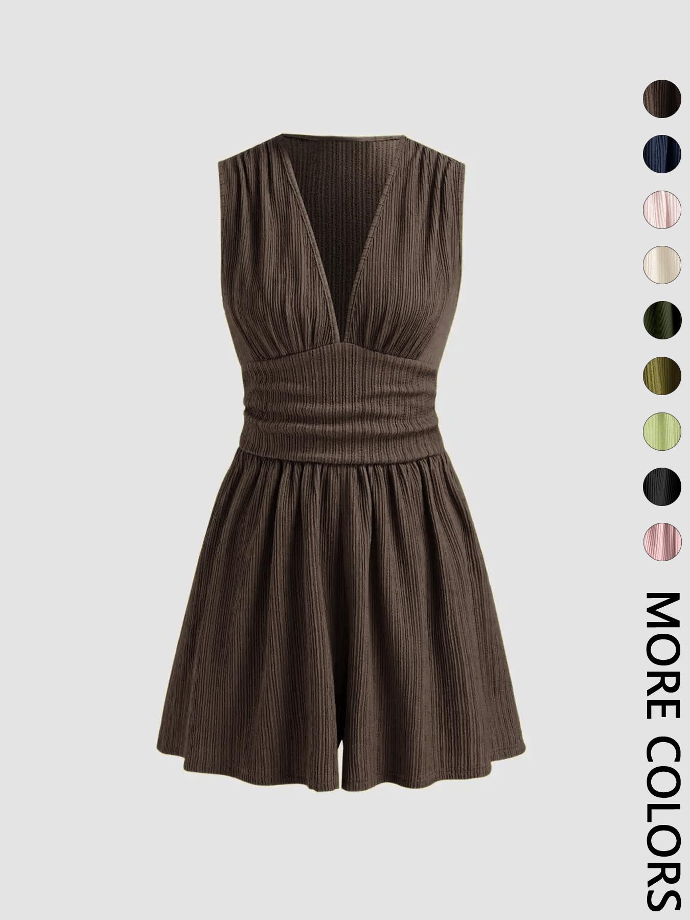 Women's Plain Ruched Deep V Neck Short Fitted Tank Romper, Elegant Sleeveless Romper For Summer, Fashion Casual Ladies Womenswear Clothes For Daily Wear