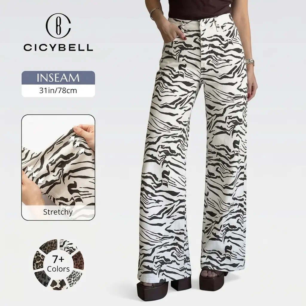 Cicy Bell Womens Wide Leg Jeans High Waisted Leopard Baggy Stretchy Denim Pants with Pockets
