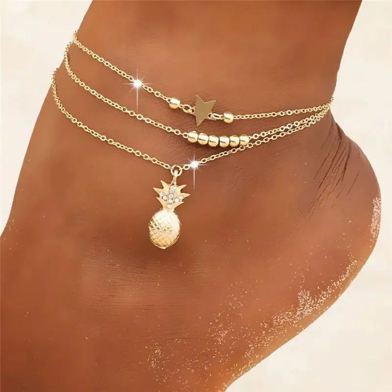 Women's Casual Multi-Chain Crystal Pineapple Anklets - Crochet Barefoot Sandals, Beaded Body Jewelry Ankle Leg Chains, Anklets for Women