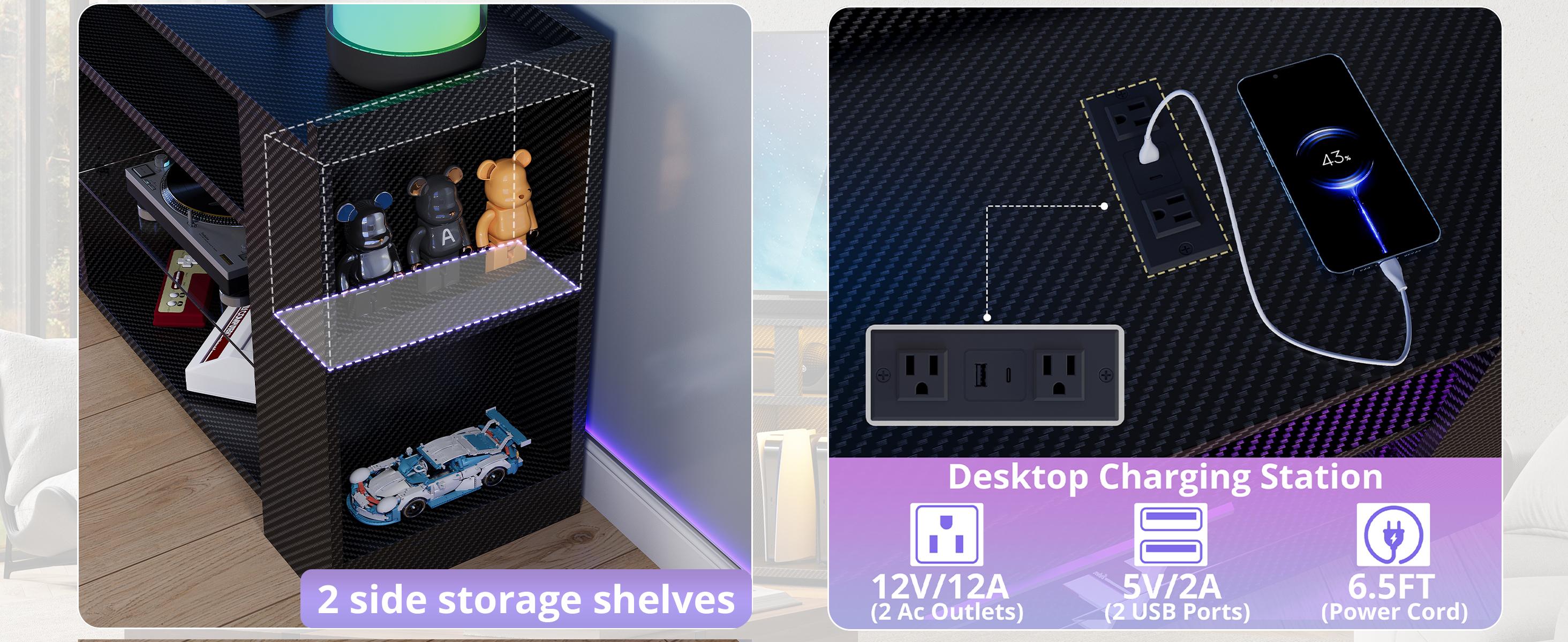 IRONCK Entertainment Center with Storage, Tall TV Stand W/Power Outlet, LED Gaming TV Cabinet for PS5, Black TV Stand with Carbon Fiber