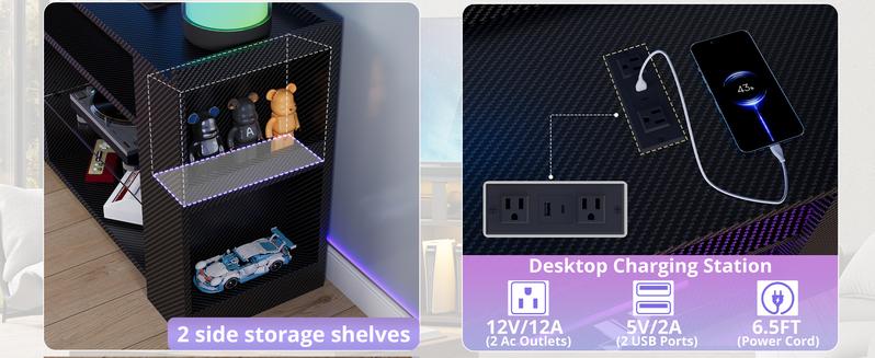 IRONCK Entertainment Center with Storage, Tall TV Stand W/Power Outlet, LED Gaming TV Cabinet for PS5, Black TV Stand with Carbon Fiber