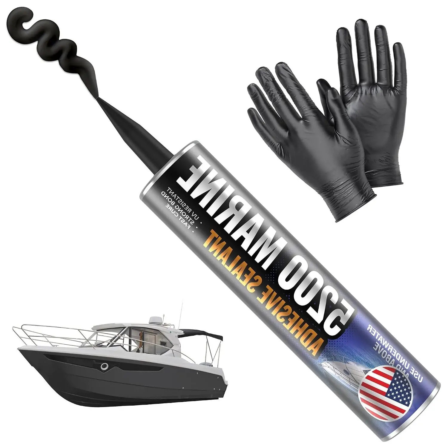 Black 5200 Marine Sealant - Fast Cure, High Bond Strength, UV Resistant Underwater Adhesive Caulk for Boats, Hulls, Decks & RVs, 10oz with Gloves and NozzleGift