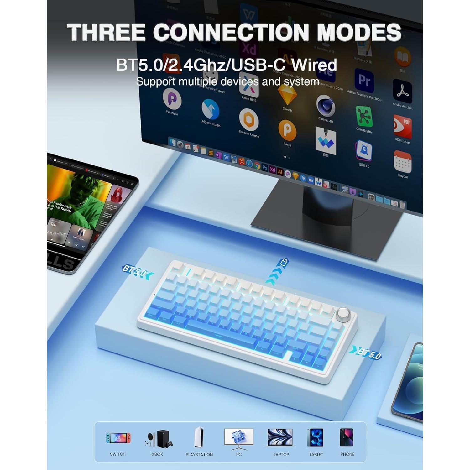 Keyboard and Combo, F75 Pro 75% Hot Swappable Custom Keyboards+SC580 Gaming White Keyboard and Combo, F75 Pro 75% Hot Swappable Custom Keyboards+SC580 Gaming White