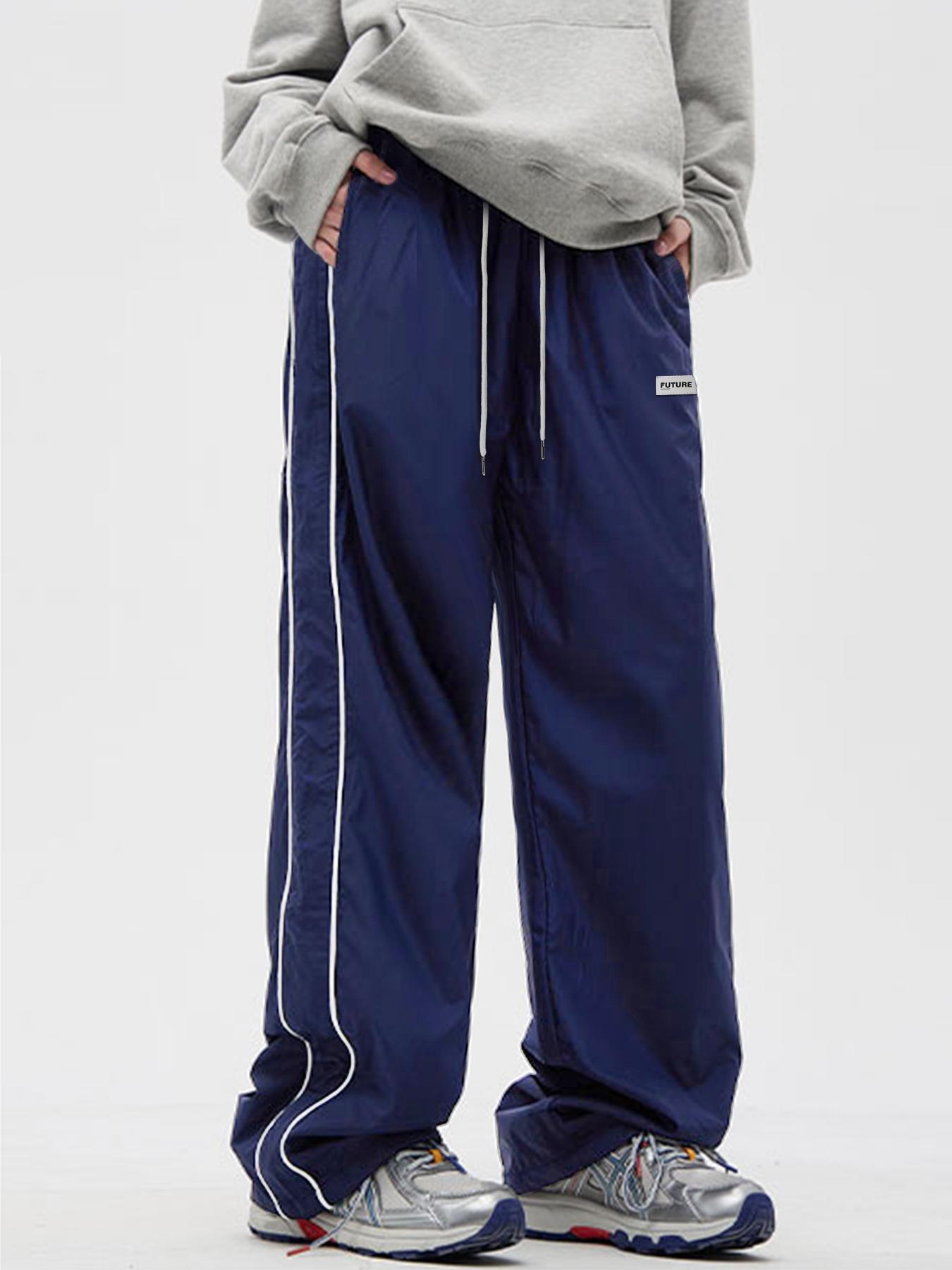 Men's Side Stripe Drawstring Waist Straight Leg Pants, Casual Pocket Letter Patched Trousers for Fall & Winter, Loose Menswear, Drippy Outfits