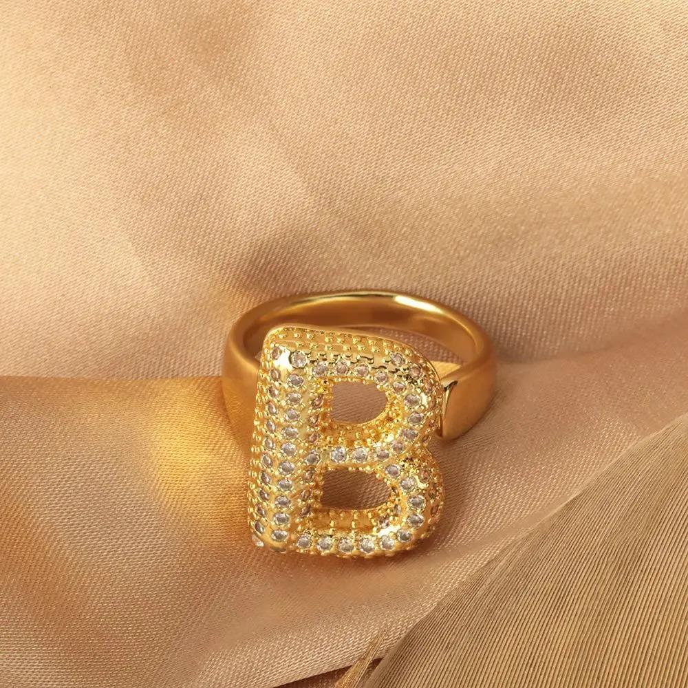 26 Letter Open-Ended Zircon Ring Minimalist Series Gift For Friends Elegant Gold Tone Jewelry name