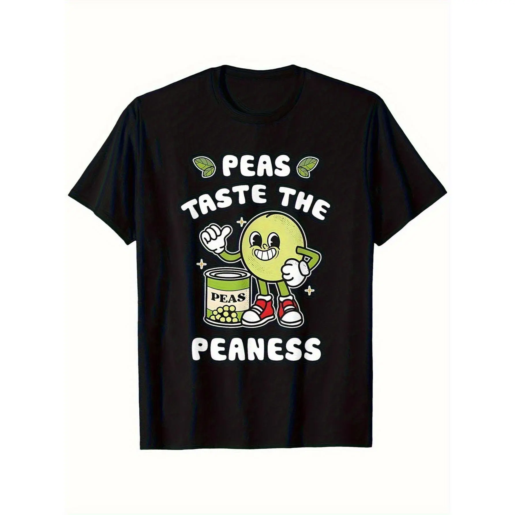 Women'S Fun Pea Pods And Pea Flavor Theme T-Shirt |   Black Short Sleeve Shirt With Cartoon Pea Pattern, Breathable Casual Style, Suitable For Daily Wear, Cute Food Theme Gift Choice - Suitable For All Seasons