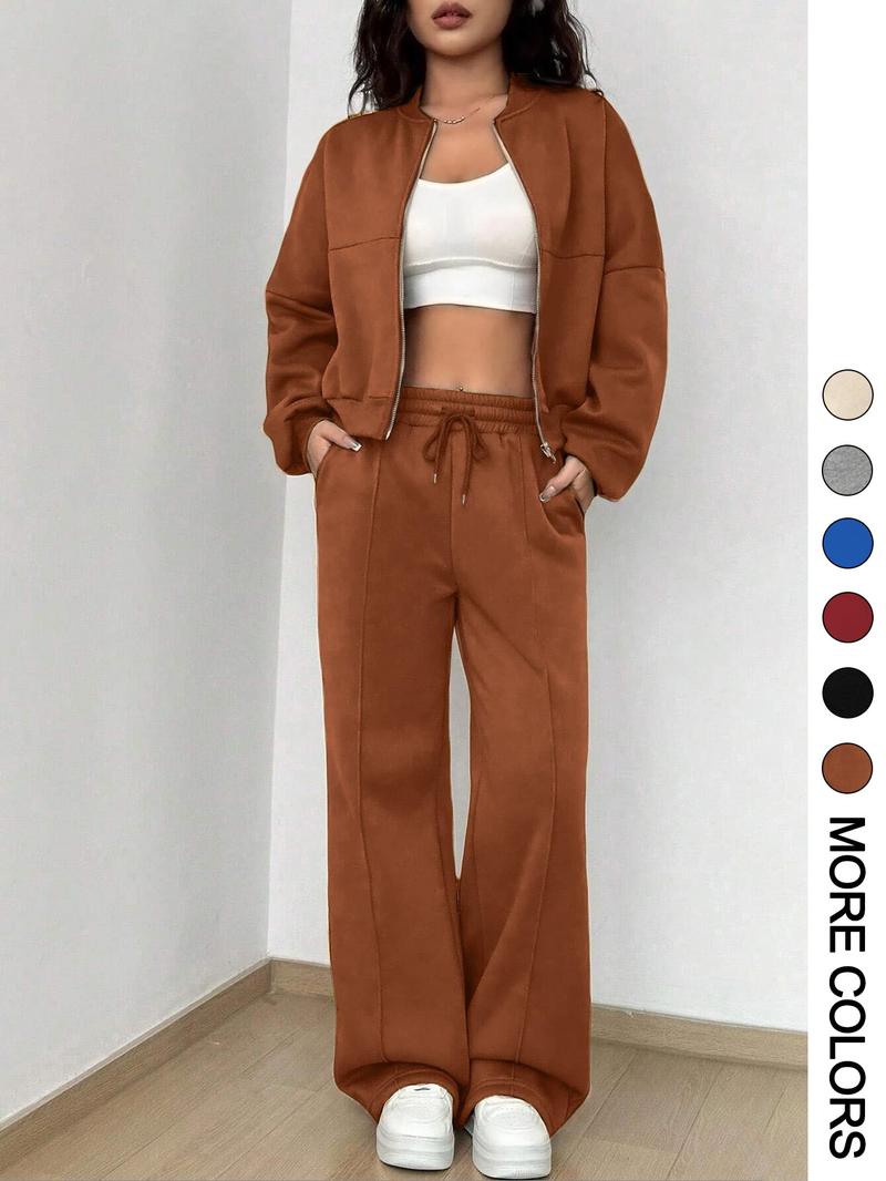 Women's Solid Zip Up Crop Jacket & Drawstring Waist Pants Two-piece Set, Casual Fashion Drop Shoulder Long Sleeve Top & High Waist Trousers for Daily Outdoor Wear, Women's Clothing for Spring & Fall