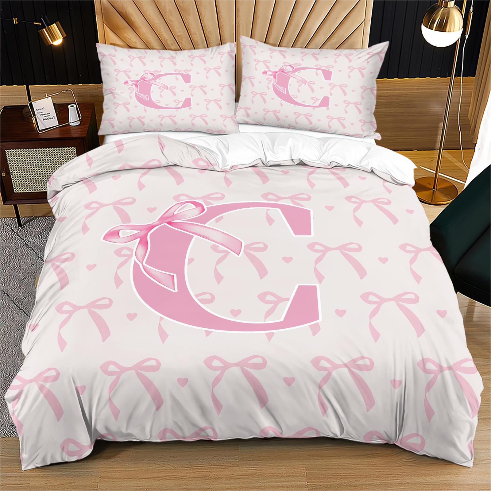 2/3 PCS Pink Romantic Ballet Bow Full Alphabet Initial Duvet Cover Set, Coquette Aesthetic Bedding with Zipper Closure for Easy Removal, Ideal Housewarming Birthday Christmas Gift, No Filling