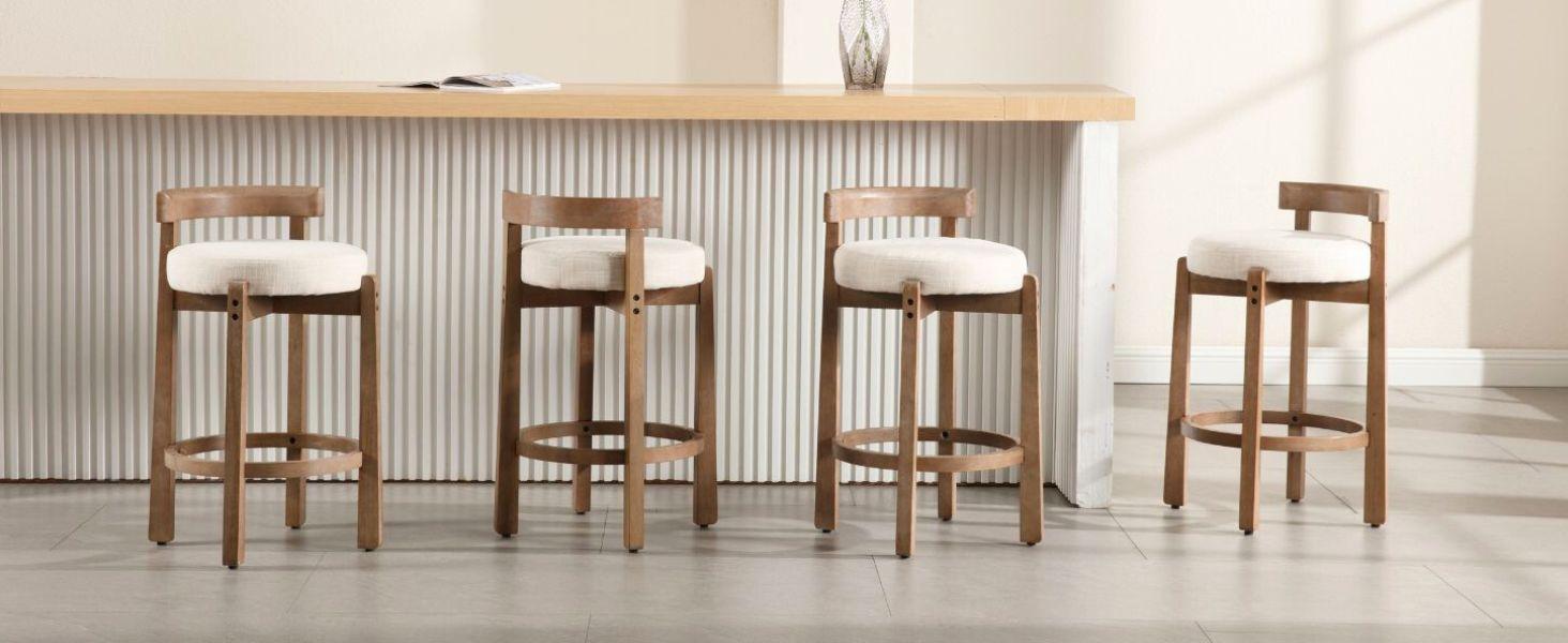 CHAIRUS Mid Century Counter Height Barstools, 26.5" Counter Stools with Back, Linen Upholstered Barstools with Solid Wood Legs ,Round Low Back Kitchen Stools with Footrest Kitchen Island Dining Room, Beige
