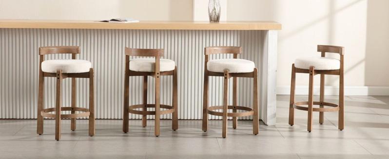 CHAIRUS Mid Century Counter Height Barstools, 26.5" Counter Stools with Back, Linen Upholstered Barstools with Solid Wood Legs ,Round Low Back Kitchen Stools with Footrest Kitchen Island Dining Room, Beige