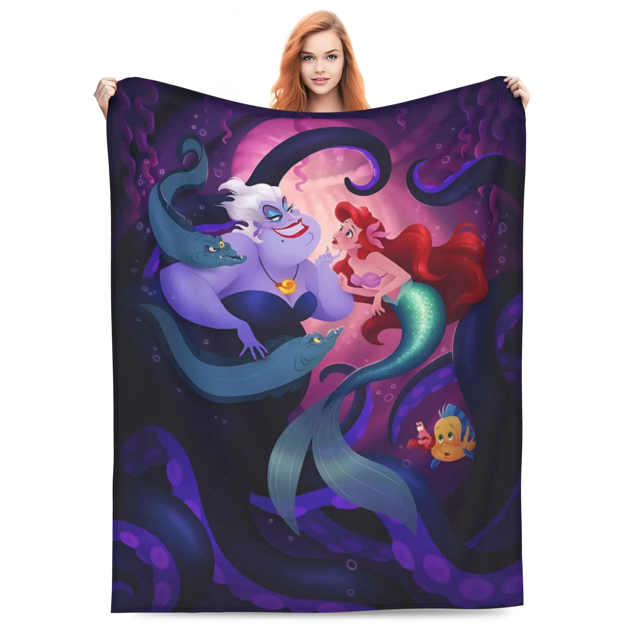 Disney Classic The Little Mermaid Ariel & Ursula Flannel Throw Blanket, Dark Ocean Octopus Villain Sea‑creature Print Soft Lightweight Cozy Blanket for Sofa Bed Movie Fans Gift