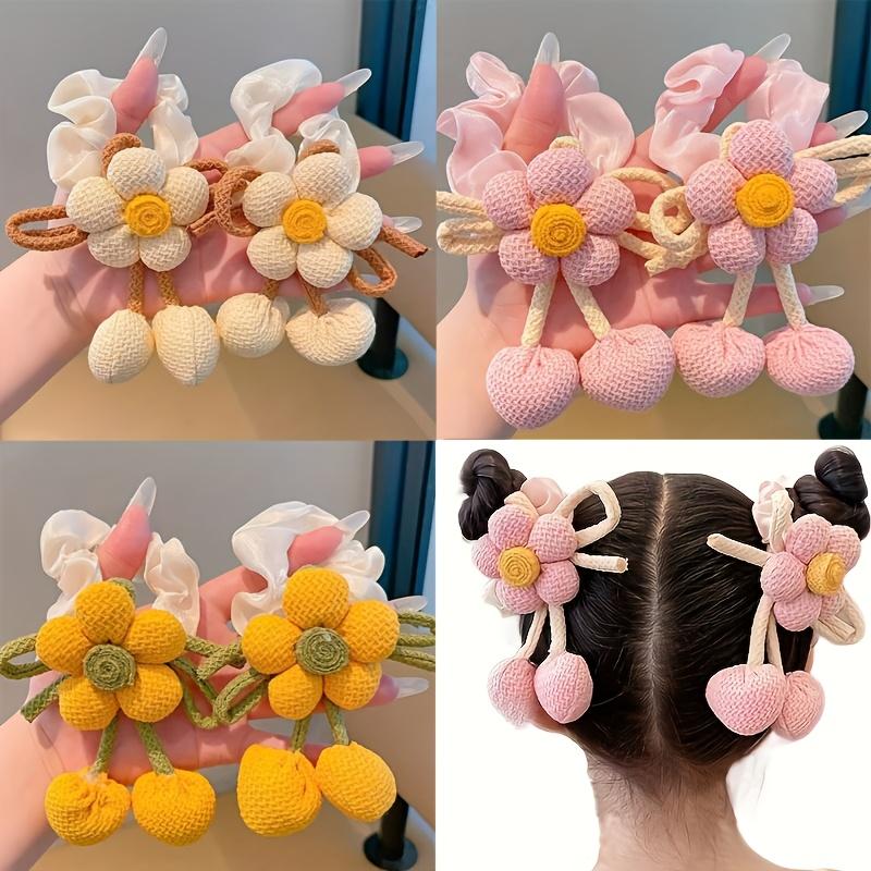 6 Pcs Knitted Flower Hair Scrunchies for Girls Bow Tassel Ponytail Holders Cute Hair Accessories for Kids Double Buns Hairstyle