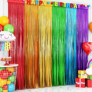 Rainbow Foil Fringe Curtains, 2 Pack 3.3x6.6ft Rainbow Metallic Tinsel Metallic Streamers Holiday Photo Booth Props Backdrop for Rainbow Birthday Wedding Bridal Shower   Party Decorations