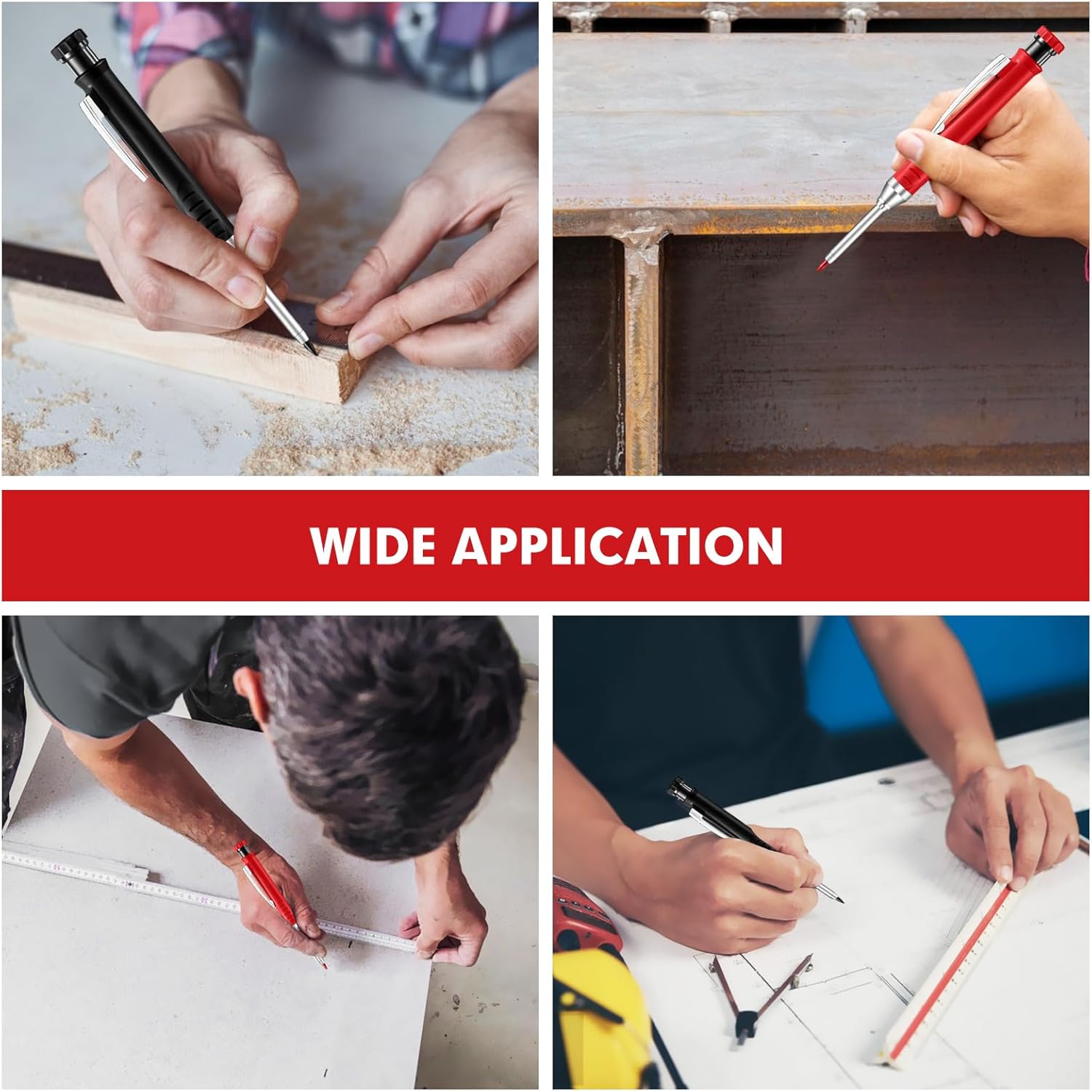 Mechanical Pencil Set, Mechanical Drawing Pencils, carpenter pencil sets, 2 Carpenter Pencils and 12 pen refills, Construction pencils for construction and woodworking, deep hole marking, durable construction tools, black and red with box