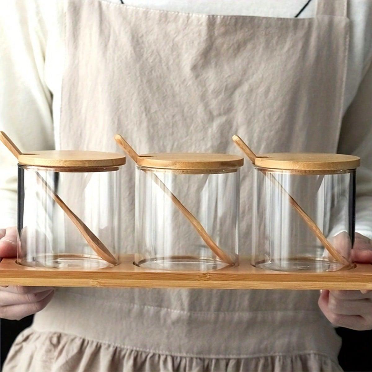 Glass Spice Containers Set with Wooden Base, Includes Spoon, Ideal for Storing Spices Salt Sugar, Kitchen Storage Organizer