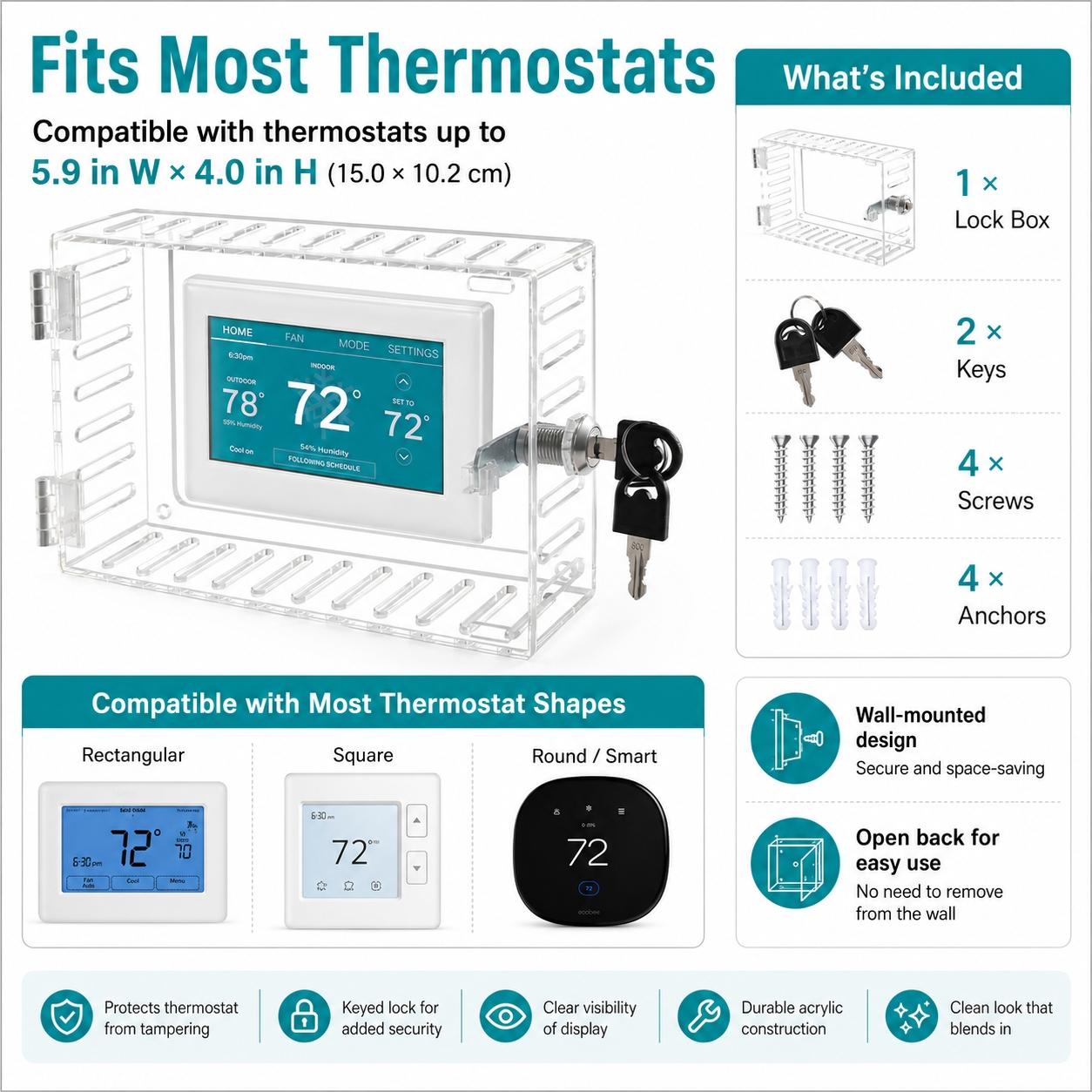 Clear Thermostat Lock Box, Wall Mounted Acrylic Thermostat Cover with Key Lock, Dustproof Vented Anti-Tamper Thermostat Guard, Large Protective Locking Case Fits 4.8"H x 6"W or Smaller for Home Office School Restaurant Hotel Store Install