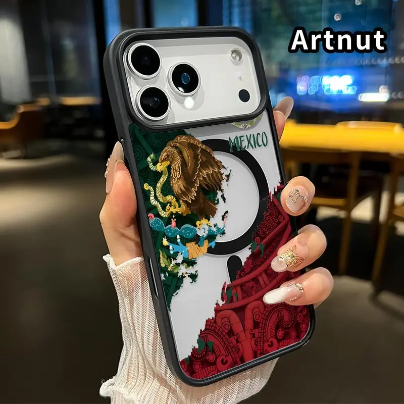 Compatible with iPhone 18 Pro Max 17 16 Plus 15 14 13 12 11 XR Air E Magnetic  Phone Case Mexican Eagle Heritage Transparent Acrylic Four Corners Bumper Shockproof Protective Cover for Boy