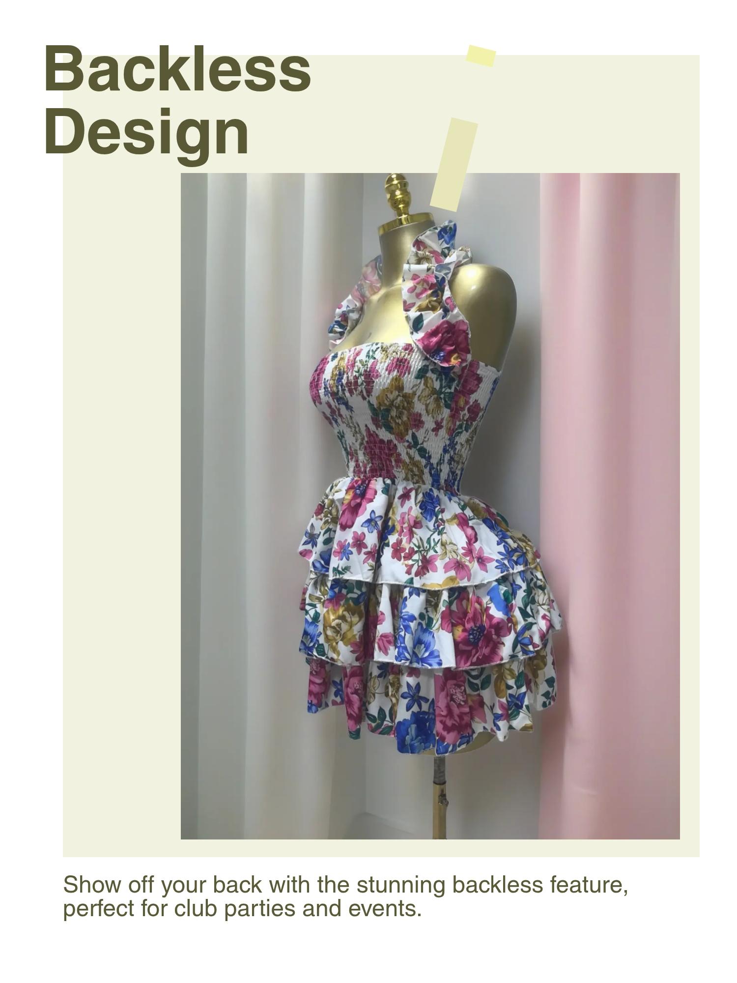 PULKRITU Elegant Women Sweet Sexy Club Party Outfit Dress, Women's Floral Print Backless Strapless Layered Ruffle Mini Prom Dress,Lady Casual Dresses,Female Brunch Dresses,Graduation Dress, Floral Evening Dress