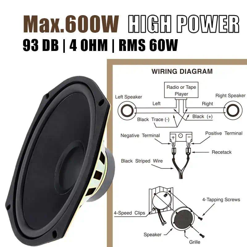 1PC/2PCS 6x9 Inch 600W Full-Range Car Speakers 4Ohm 60W RMS 93dB SPL for Cars Trucks Buses Audio Coaxial Speaker Subwoofer