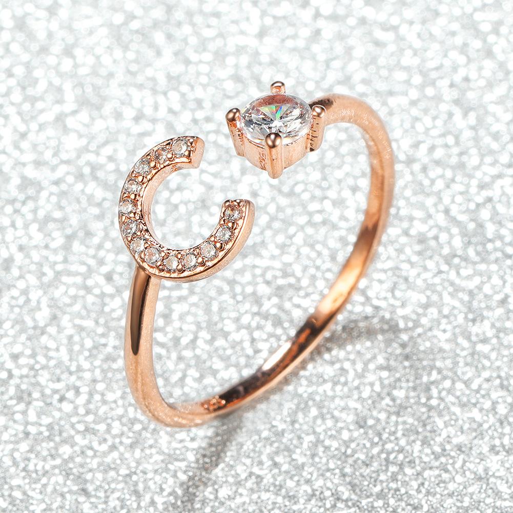 New rose gold letter ring, white diamond open ring accessory, unique personalized finger ring