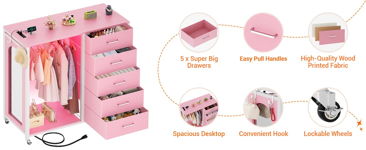 Cyclysio 45'' Dresser with Clothes Rack & Mirror, 5 Fabric Drawers Dresser with Charging Station & LED Lights, Rolling Chest of Drawers with Wheels