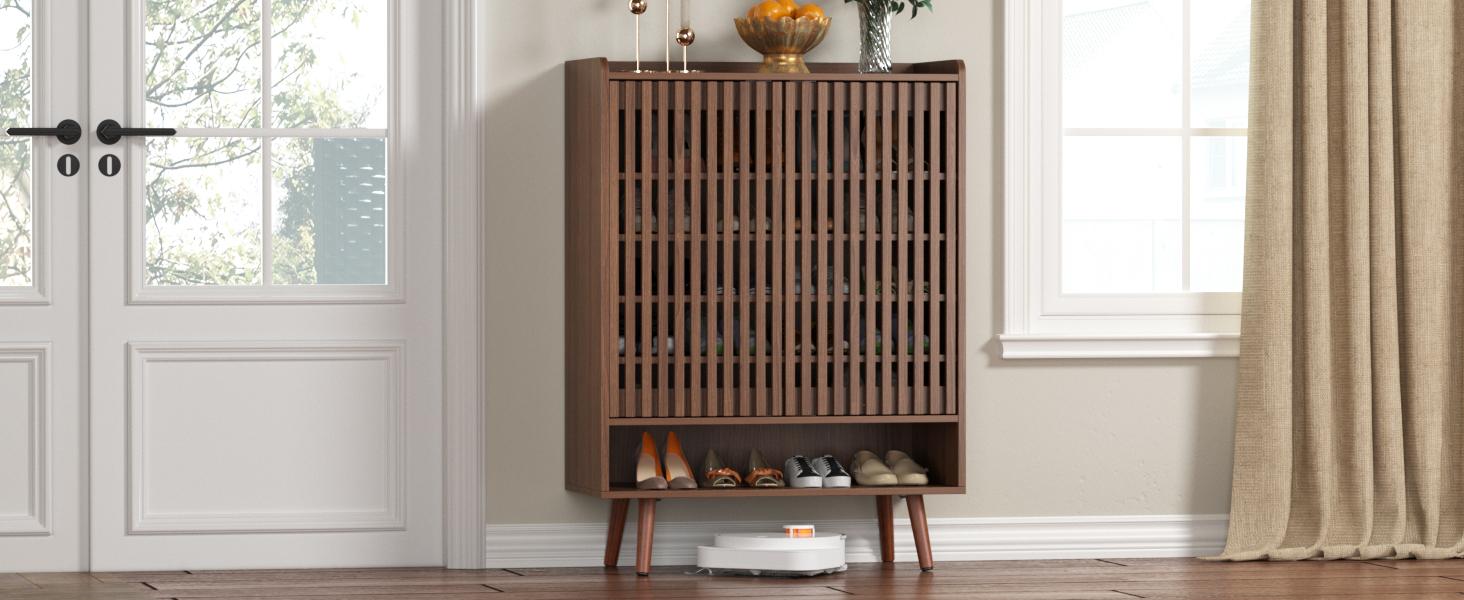 Vabches 6-Tier Shoe Cabinet with Grille Doors, Large Wooden Shoe Storage Cabinet with Adjustable Shelves, Mid-Centery Freestanding Shoe Organizer Cabinet for Entryway, Hallway