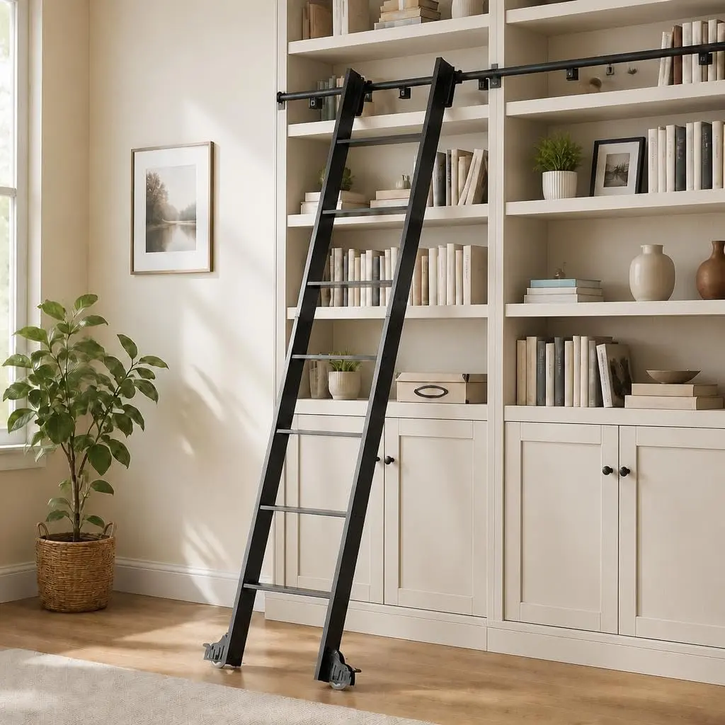 8/9/10FT Aluminum Loft Ladder with 4FT Sliding Track,660lb Capacity,7/8/9-Step,Top Telescopic Hook with Bottom Brake Wheel,Aluminum Black,for Loft,Bookshelf,Closet,Warehouse,Dressing Room