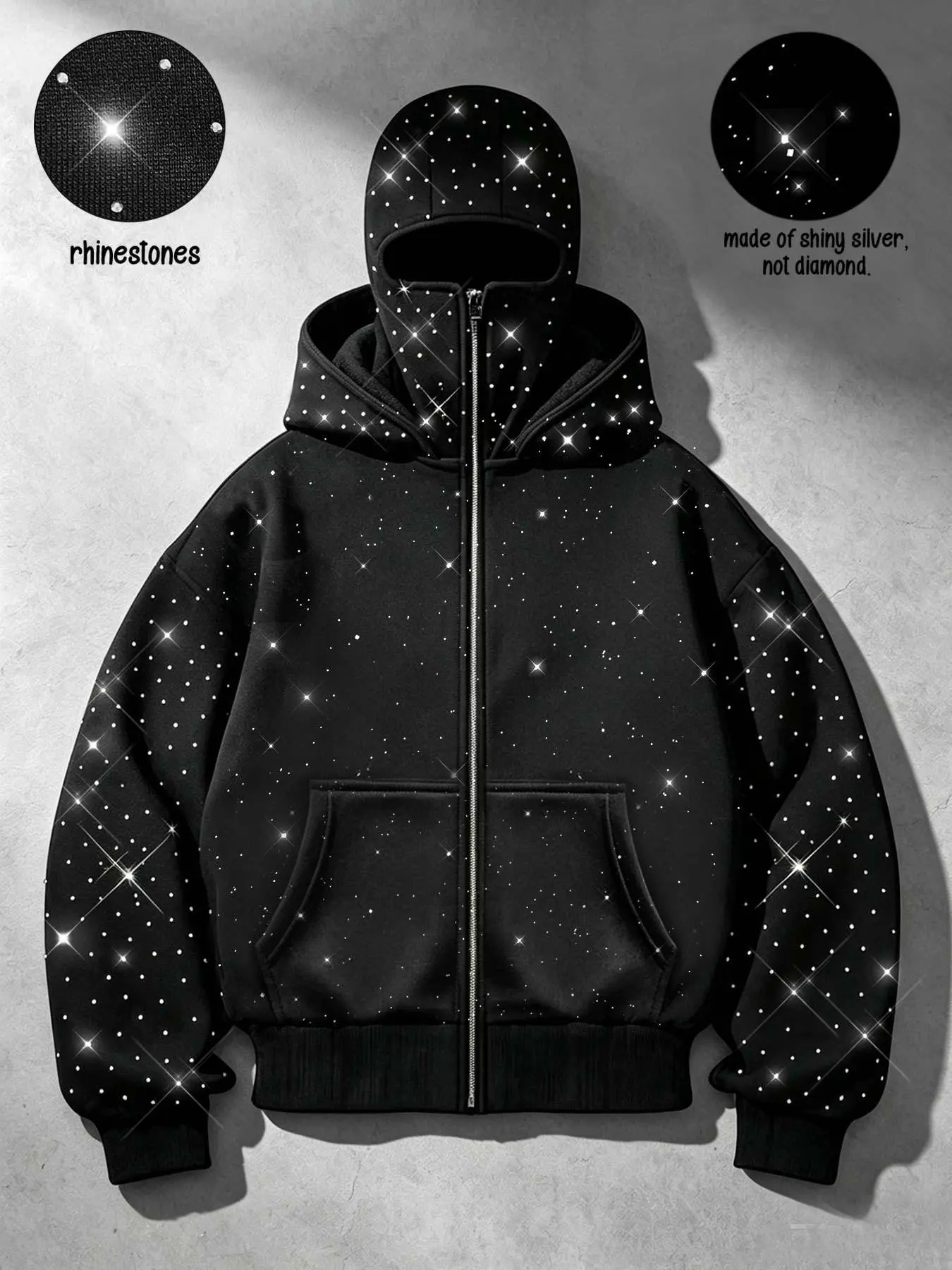 Y2K Rhinestone Balaclava Zip-Up Hoodie for Men, Unisex, Cyberpunk Techwear Zip Hooded Casual Jacket, Sparkly Rhinestone Hip-Hop Streetwear Brand Zip Hoodie for Men