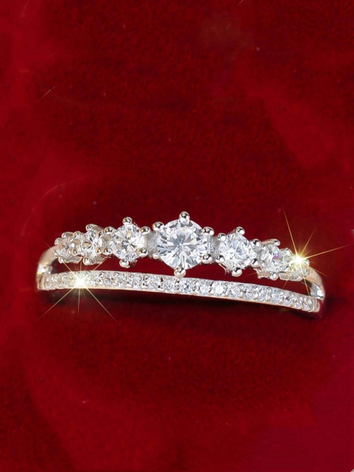 S925 Sterling Silver Elegant Double Row Ring, Fashion Promise Ring, Wedding Engagement Ring for Women & Girls, Trendy All-match & Exquisite Jewelry for Birthday Gift, with Box