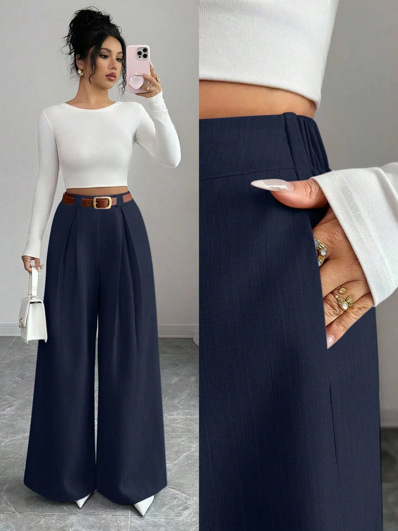 Solid Color Waistband Elastic Pleated Wide Leg Pants, Comfortable and Stylish Everyday Office Wear, Perfect for Daily Use and Professional Settings