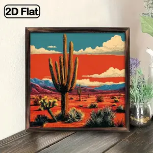 2D Flat, Vintage Southwestern Desert Cactus Wooden Frame Wall Art - 8x8inch (20x 20cm ) Turquoise Cactus Painting, suitable for Southwestern home decor, farmhouse, desert landscape, easy to hang on desktop or wall, perfect for holidays, 2D flat