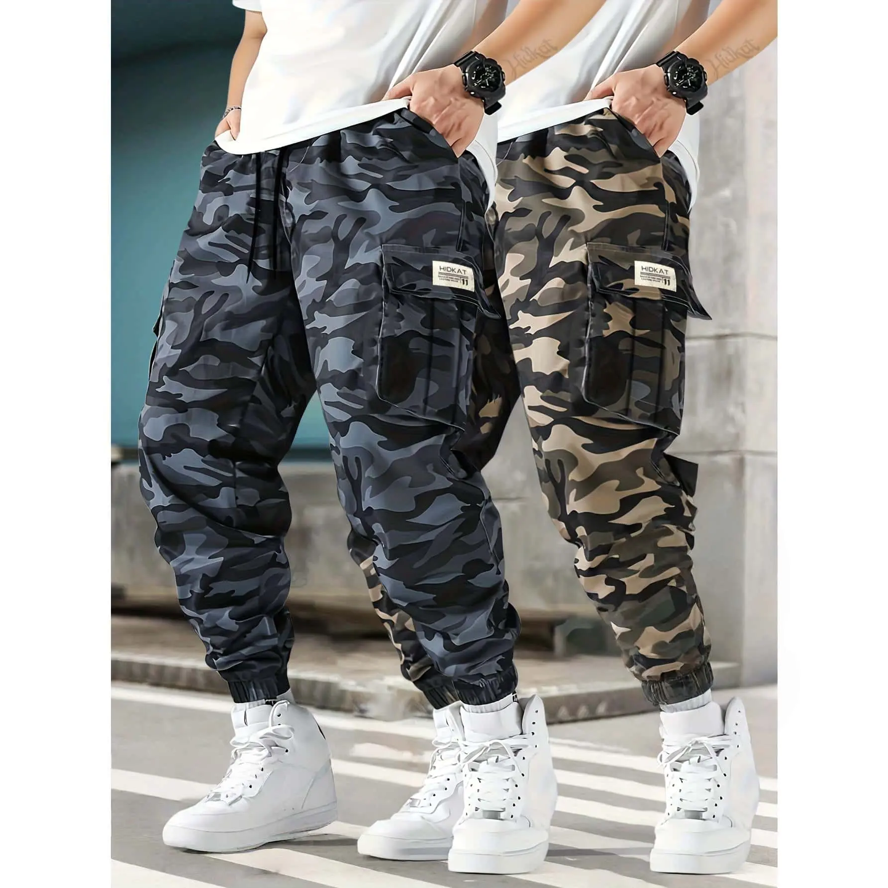 Men's 2-Piece Camo Print Trousers, Menswear Jogger Style Workwear Pants with Multi-Pocket, Drawstring Elastic Waist, Loose Fit & Ankle-Tied Design, Breathable Casual Trousers for Outdoor Activities & Daily Wear (2 Styles)
