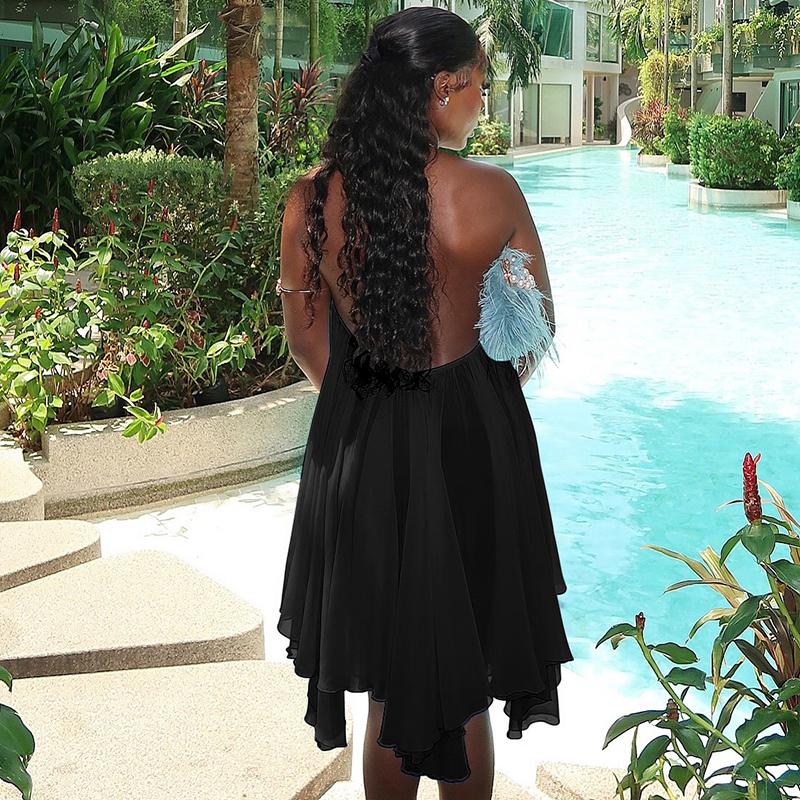 Dreamy Sleeveless Halter Mini Dress with Multiple Layers Solid Color Loose A Line Dress for Women's 2025 Fall New Arrival Casual Elegant Outfit Parties & Dates, Feminine & Trendy Gown Dresses SpringStatements