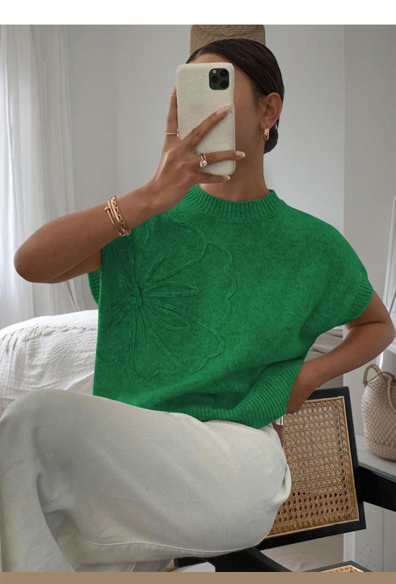 Women's Plain Flower Jacquard Semi-sheer Cable Knit Top, Casual Sleeveless V Neck Knitwear for Daily Wear, Ladies Clothes for All Seasons